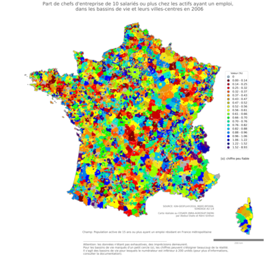 Part de chefs d'entreprise de 10 salariés ou plus chez les actifs ayant un emploi - bv2006
Mots-clés: profession;classes supérieures;fonction publique ou indépendance;bassins de vie