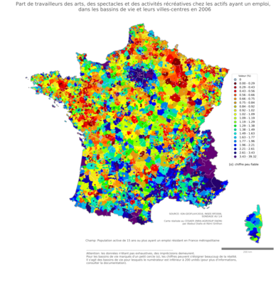 Part de travailleurs des arts, des spectacles et des activités récréatives chez les actifs ayant un emploi - bv2006
Mots-clés: secteur d-activité;bassins de vie