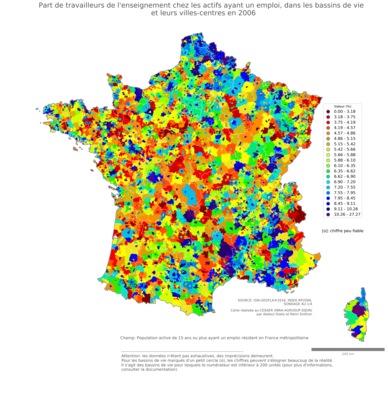 Part de travailleurs de l'enseignement chez les actifs ayant un emploi - bv2006
Mots-clés: secteur d-activité;fonction publique ou indépendance;bassins de vie