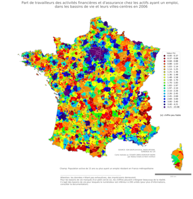 Part de travailleurs des activités financières et d'assurance chez les actifs ayant un emploi - bv2006
Mots-clés: secteur d-activité;bassins de vie