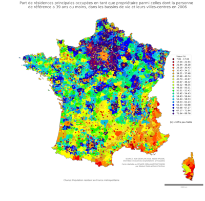 Part de résidences principales occupées en tant que propriétaire parmi celles dont la personne de référence a 39 ans ou moins - bv2006
Mots-clés: résidence et logement;profession;conditions d-existence;bassins de vie