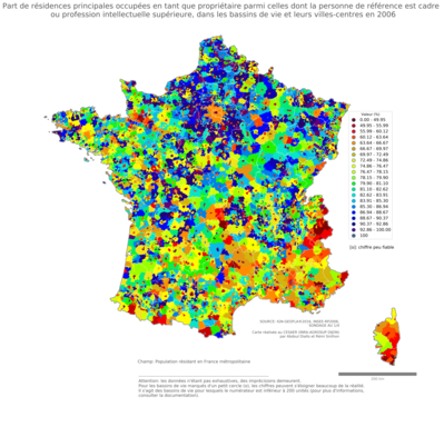 Part de résidences principales occupées en tant que propriétaire parmi celles dont la personne de référence est cadre ou profession intellectuelle supérieure - bv2006
Mots-clés: résidence et logement;profession;conditions d-existence;classes supérieures;bassins de vie