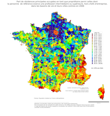 Part de résidences principales occupées en tant que propriétaire parmi celles dont la personne de référence exerce une profession intermédiaire ou supérieure, hors chefs d'entreprise - bv2006
Mots-clés: résidence et logement;profession;conditions d-existence;classes supérieures;bassins de vie