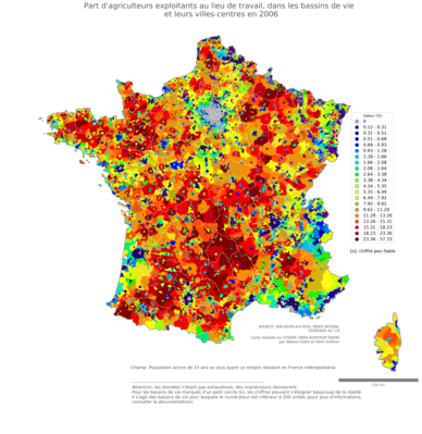 Part d'agriculteurs exploitants au lieu de travail - bv2006
Mots-clés: profession;lieu de travail;fonction publique ou indépendance;bassins de vie