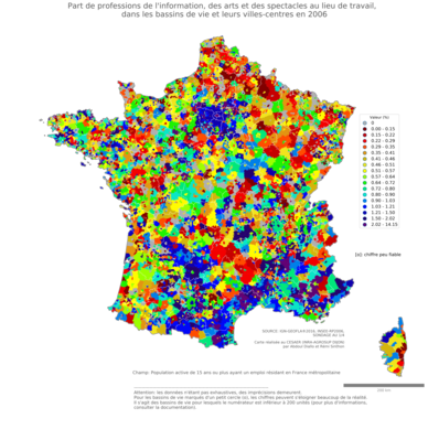 Part de professions de l'information, des arts et des spectacles au lieu de travail - bv2006
Mots-clés: profession;lieu de travail;classes supérieures;bassins de vie