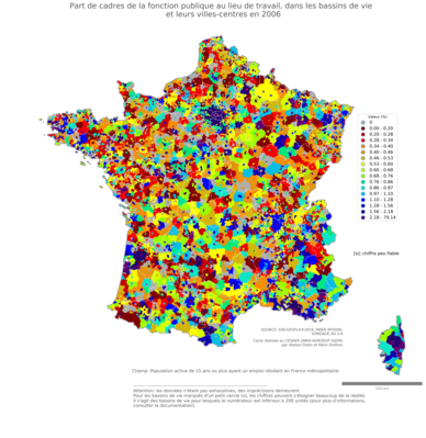 Part de cadres de la fonction publique au lieu de travail - bv2006
Mots-clés: profession;lieu de travail;classes supérieures;fonction publique ou indépendance;bassins de vie