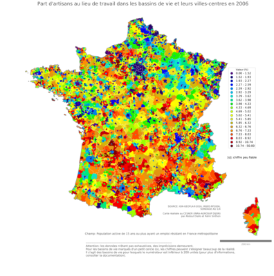 Part de commerçants et assimilés au lieu de travail - bv2006
Mots-clés: profession;lieu de travail;fonction publique ou indépendance;bassins de vie