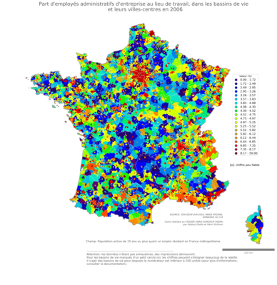 Part d'employés administratifs d'entreprise au lieu de travail - bv2006
Mots-clés: profession;lieu de travail;classes populaires;bassins de vie