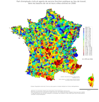 Part d'employés civils et agents de service fonction publique au lieu de travail - bv2006
Mots-clés: profession;lieu de travail;classes populaires;fonction publique ou indépendance;bassins de vie