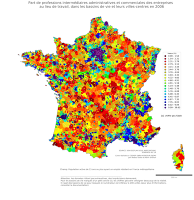 Part de professions intermédiaires administratives et commerciales des entreprises au lieu de travail - bv2006
Mots-clés: profession;lieu de travail;bassins de vie