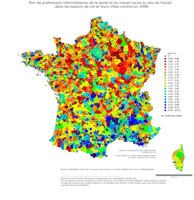 Part de professions intermédiaires de la santé et du travail social au lieu de travail - bv2006
Mots-clés: profession;lieu de travail;bassins de vie