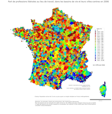 Part de professions libérales au lieu de travail - bv2006
Mots-clés: profession;lieu de travail;classes supérieures;bassins de vie