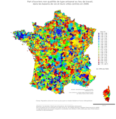 Part d'ouvriers non qualifiés de type artisanal au lieu de travail - bv2006
Mots-clés: profession;lieu de travail;classes populaires;bassins de vie