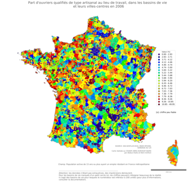 Part d'ouvriers qualifiés de type artisanal au lieu de travail - bv2006
Mots-clés: profession;lieu de travail;classes populaires;bassins de vie