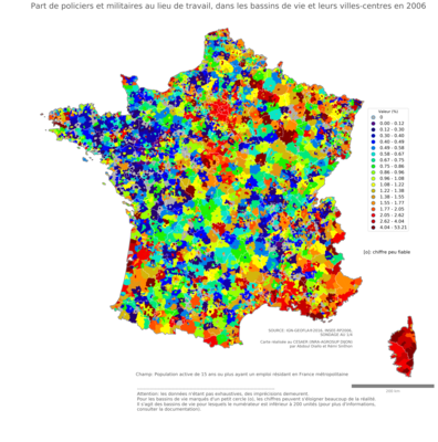 Part de policiers et militaires au lieu de travail - bv2006
Mots-clés: profession;lieu de travail;classes populaires;bassins de vie