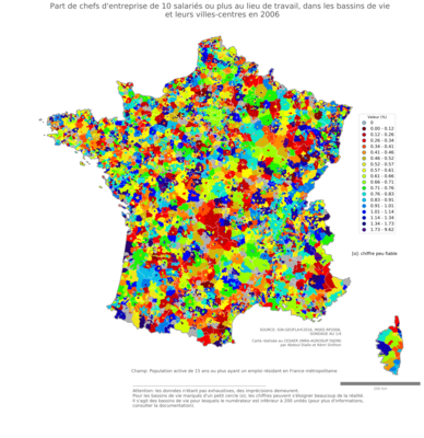 Part de chefs d'entreprise de 10 salariés ou plus au lieu de travail - bv2006
Mots-clés: profession;lieu de travail;classes supérieures;fonction publique ou indépendance;bassins de vie