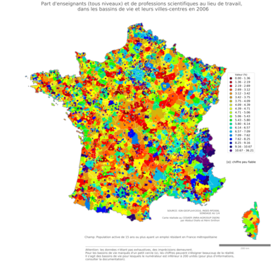 Part d'enseignants (tous niveaux) et de professions scientifiques au lieu de travail - bv2006
Mots-clés: profession;lieu de travail;classes supérieures;bassins de vie