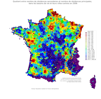 Quotient entre nombre de résidences secondaires et nombre de résidences principales - bv2006
Mots-clés: ;bassins de vie