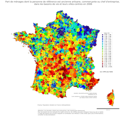 Part de ménages dont la personne de référence est ancienne artisane, commerçante ou chef d'entreprise - bv2006
Mots-clés: profession;âge;fonction publique ou indépendance;bassins de vie