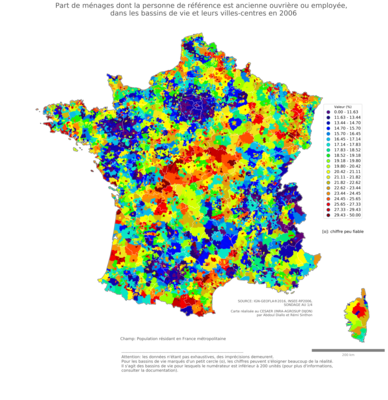 Part de ménages dont la personne de référence est ancienne ouvrière ou employée - bv2006
Mots-clés: profession;âge;classes populaires;bassins de vie