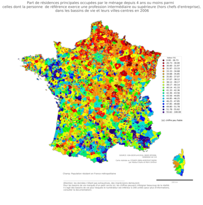 Part de résidences principales occupées par le ménage depuis 4 ans ou moins parmi celles dont la personne de référence exerce une profession intermédiaire ou supérieure (hors chefs d'entreprise) - bv2006
Mots-clés: résidence et logement;profession;classes supérieures;bassins de vie