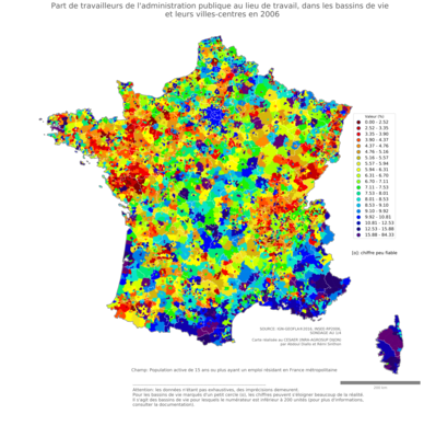 Part de travailleurs de l'administration publique au lieu de travail - bv2006
Mots-clés: secteur d-activité;lieu de travail;fonction publique ou indépendance;bassins de vie