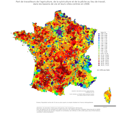 Part de travailleurs de l'agriculture, de la sylviculture et de la pêche au lieu de travail - bv2006
Mots-clés: secteur d-activité;lieu de travail;bassins de vie