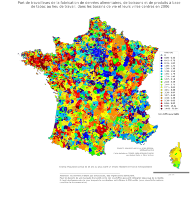 Part de travailleurs de la fabrication de denrées alimentaires, de boissons et de produits à base de tabac au lieu de travail - bv2006
Mots-clés: secteur d-activité;lieu de travail;bassins de vie