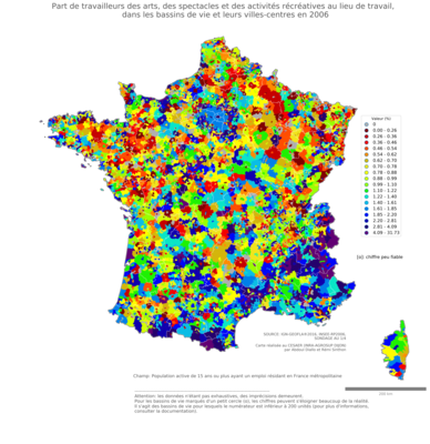 Part de travailleurs des arts, des spectacles et des activités récréatives au lieu de travail - bv2006
Mots-clés: secteur d-activité;lieu de travail;bassins de vie