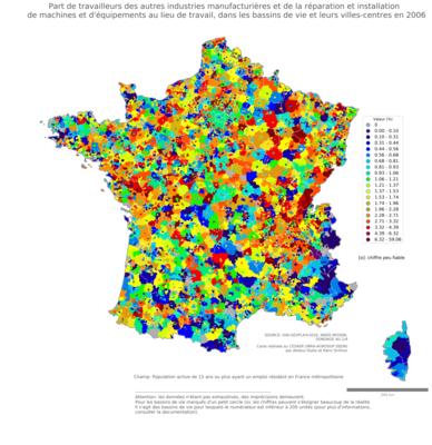 Part de travailleurs des autres industries manufacturières et de la réparation et installation de machines et d'équipements au lieu de travail - bv2006
Mots-clés: secteur d-activité;lieu de travail;bassins de vie