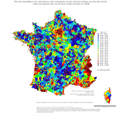 Part de travailleurs du commerce, des transports et des services divers au lieu de travail - bv2006
Mots-clés: secteur d-activité;lieu de travail;bassins de vie