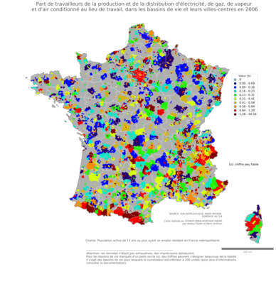 Part de travailleurs de la production et de la distribution d'électricité, de gaz, de vapeur et d'air conditionné au lieu de travail - bv2006
Mots-clés: secteur d-activité;lieu de travail;bassins de vie