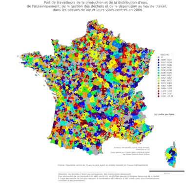 Part de travailleurs de la production et de la distribution d'eau, de l'assainissement, de la gestion des déchets et de la dépollution au lieu de travail - bv2006
Mots-clés: secteur d-activité;lieu de travail;bassins de vie