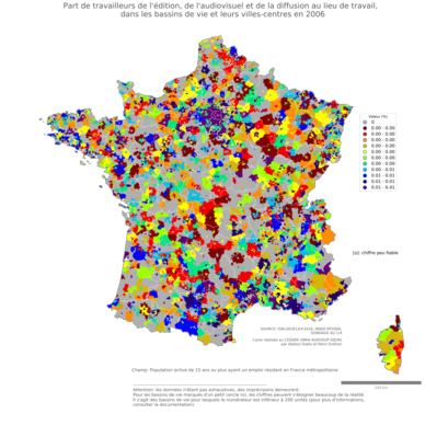 Part de travailleurs de l'édition, de l'audiovisuel et de la diffusion au lieu de travail - bv2006
Mots-clés: secteur d-activité;lieu de travail;bassins de vie