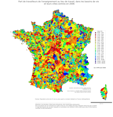 Part de travailleurs de l'enseignement au lieu de travail - bv2006
Mots-clés: secteur d-activité;lieu de travail;fonction publique ou indépendance;bassins de vie