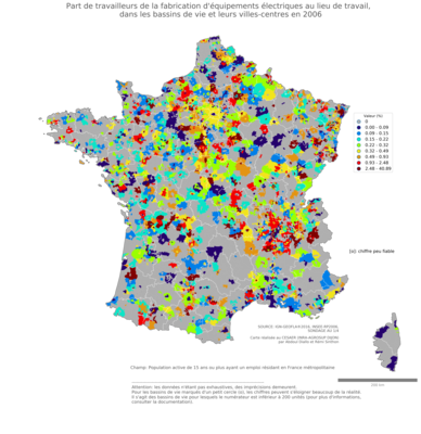 Part de travailleurs de la fabrication d'équipements électriques au lieu de travail - bv2006
Mots-clés: secteur d-activité;lieu de travail;bassins de vie