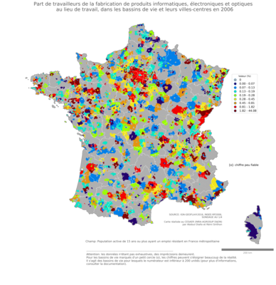 Part de travailleurs de la fabrication de produits informatiques, électroniques et optiques au lieu de travail - bv2006
Mots-clés: secteur d-activité;lieu de travail;bassins de vie