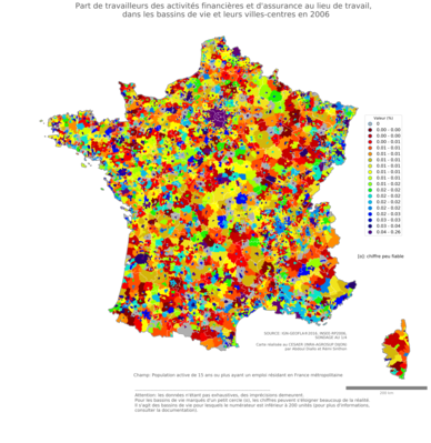 Part de travailleurs des activités financières et d'assurance au lieu de travail - bv2006
Mots-clés: secteur d-activité;lieu de travail;bassins de vie