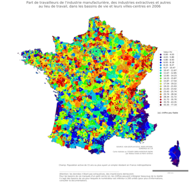 Part de travailleurs de l'industrie manufacturière, des industries extractives et autres au lieu de travail - bv2006
Mots-clés: secteur d-activité;lieu de travail;bassins de vie