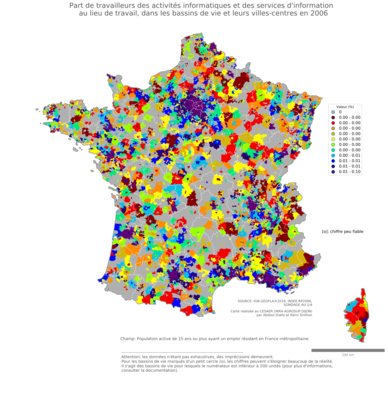 Part de travailleurs des activités informatiques et des services d'information au lieu de travail - bv2006
Mots-clés: secteur d-activité;lieu de travail;bassins de vie