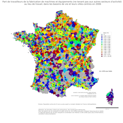 Part de travailleurs de la fabrication de machines et équipements (ne tenant pas aux autres secteurs d'activité) au lieu de travail - bv2006
Mots-clés: secteur d-activité;lieu de travail;bassins de vie