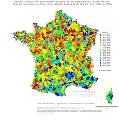 Part de travailleurs de l'administration publique, de l'enseignement, de la santé humaine et de l'action sociale au lieu de travail - bv2006
Mots-clés: secteur d-activité;lieu de travail;fonction publique ou indépendance;bassins de vie