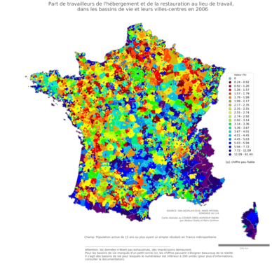 Part de travailleurs de l'hébergement et de la restauration au lieu de travail - bv2006
Mots-clés: secteur d-activité;lieu de travail;bassins de vie