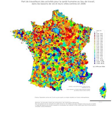 Part de travailleurs des activités pour la santé humaine au lieu de travail - bv2006
Mots-clés: secteur d-activité;lieu de travail;fonction publique ou indépendance;bassins de vie