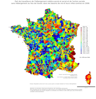 Part de travailleurs de l'hébergement médico'social et social et de l'action sociale sans hébergement au lieu de travail - bv2006
Mots-clés: secteur d-activité;lieu de travail;fonction publique ou indépendance;bassins de vie