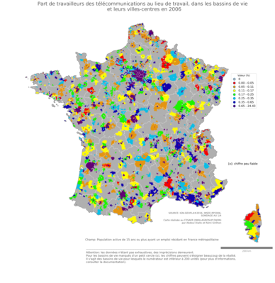 Part de travailleurs des télécommunications au lieu de travail - bv2006
Mots-clés: secteur d-activité;lieu de travail;bassins de vie