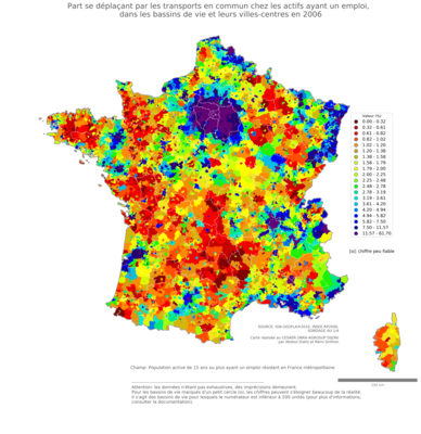 Part se déplaçant par les transports en commun chez les actifs ayant un emploi - bv2006
Mots-clés: transports;bassins de vie