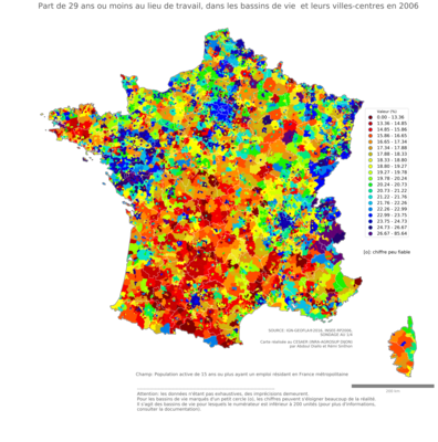 Part de 29 ans ou moins au lieu de travail - bv2006
Mots-clés: âge;lieu de travail;bassins de vie