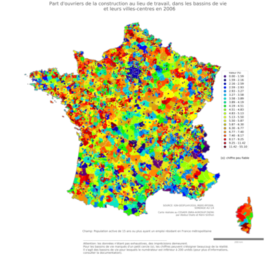 Part d'ouvriers de la construction au lieu de travail - bv2006
Mots-clés: profession;sexe;hommes;lieu de travail;secteur d-activité;classes populaires;bassins de vie