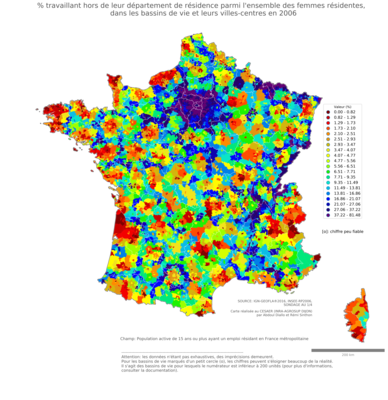 % travaillant hors de leur département de résidence parmi l'ensemble des femmes résidentes - bv2006
Mots-clés: résidence et logement;sexe;femmes;bassins de vie